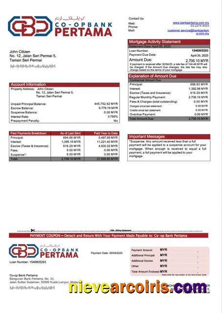 Malaysia Co-op Bank Pertama mortgage statement Word and PDF template